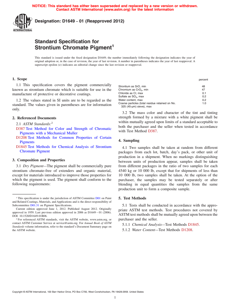 ASTM D1649-01(2012) - Standard Specification for  Strontium Chromate Pigment