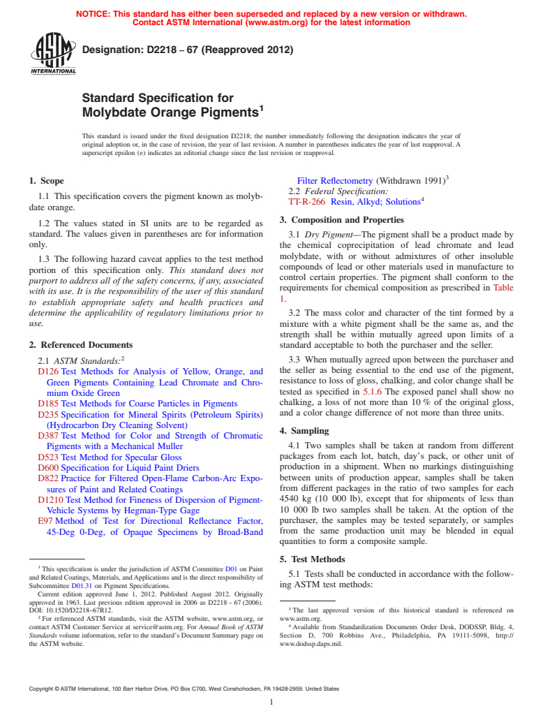 ASTM D2218-67(2012) - Standard Specification for  Molybdate Orange Pigments