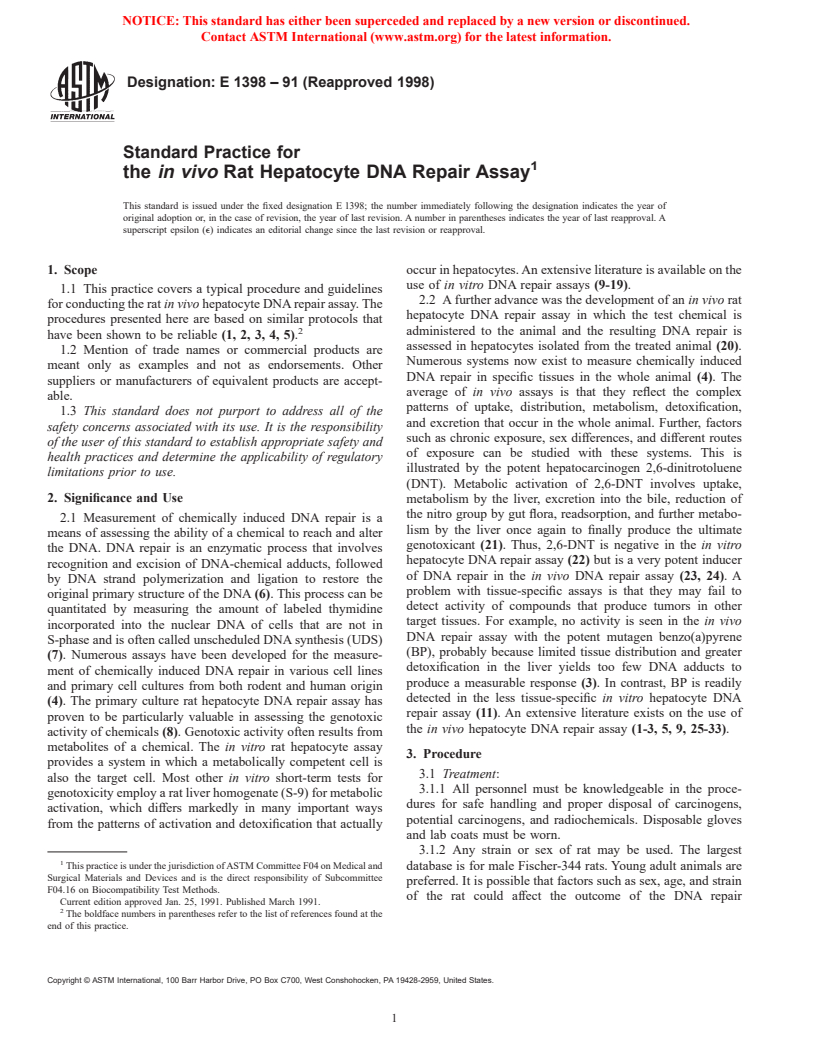 ASTM E1398-91(1998) - Standard Practice for the in vivo Rat Hepatocyte DNA Repair Assay