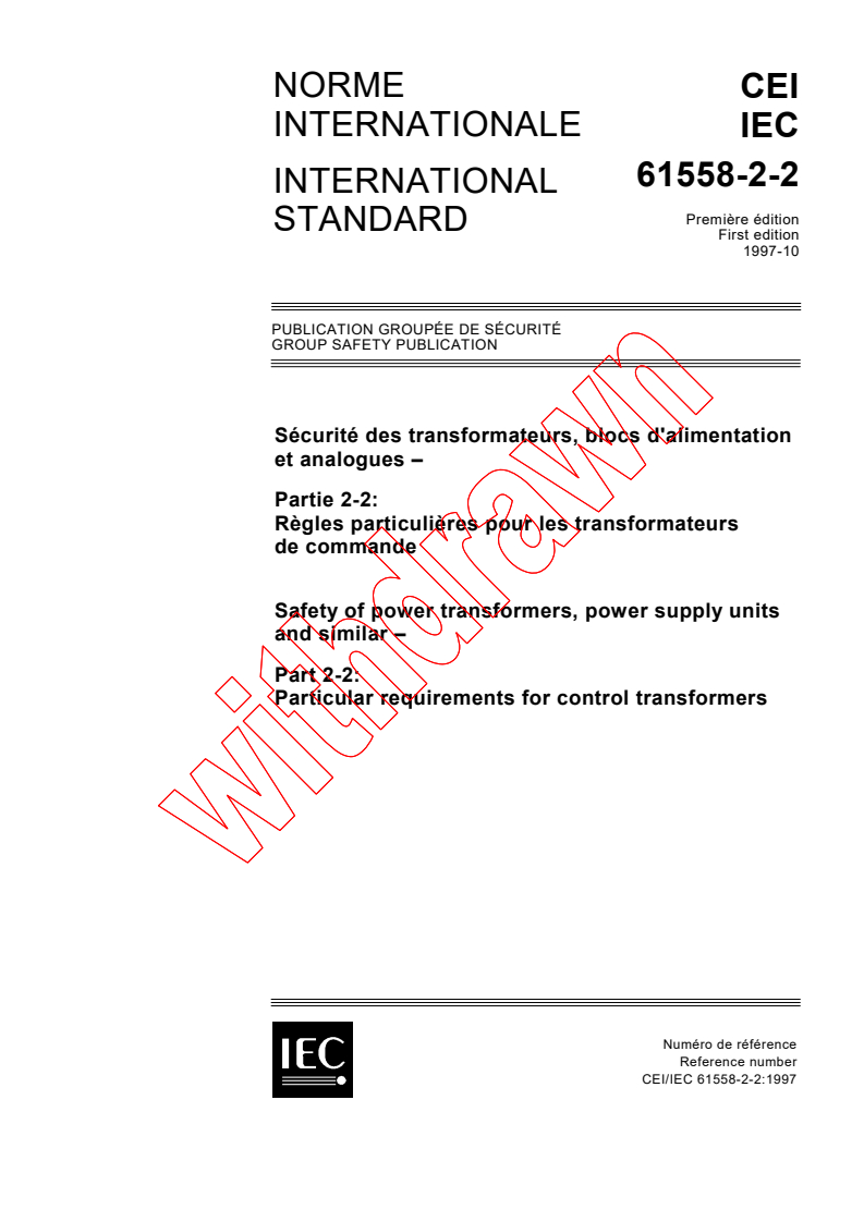 IEC 61558-2-2:1997 - Safety of power transformers, power supply units and similar - Part 2-2: Particular requirements for control transformers
Released:10/30/1997
Isbn:2831840805