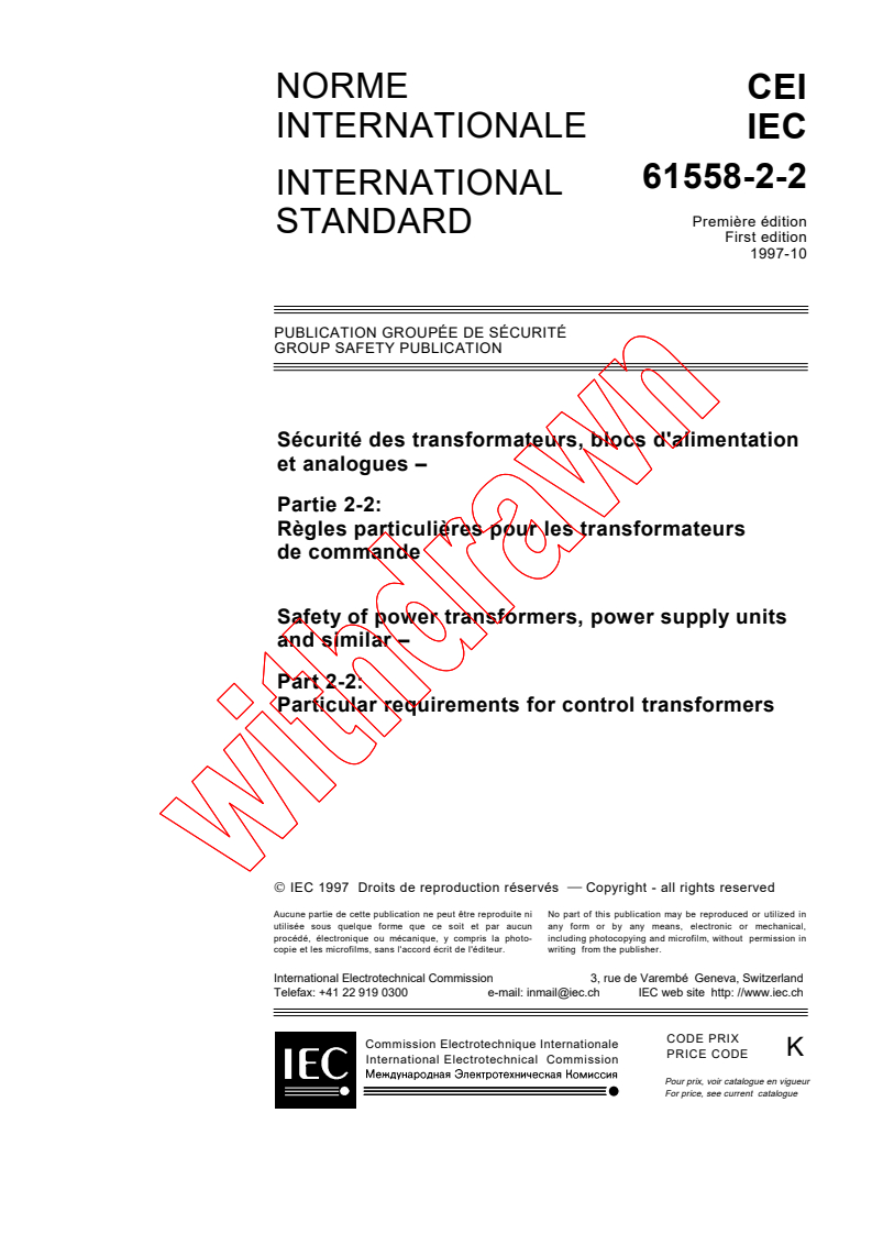 IEC 61558-2-2:1997 - Safety of power transformers, power supply units and similar - Part 2-2: Particular requirements for control transformers
Released:10/30/1997
Isbn:2831840805