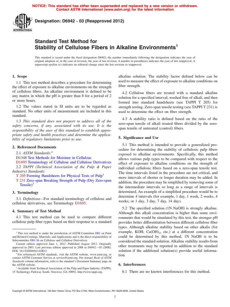 ASTM D6942-03(2012) - Standard Test Method for  Stability of Cellulose Fibers in Alkaline Environments