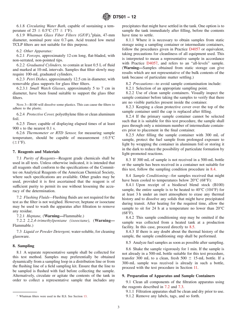 ASTM D7501-12 - Standard Test Method for Determination of Fuel Filter Blocking Potential of Biodiesel (B100)   Blend Stock by Cold Soak Filtration Test (CSFT)