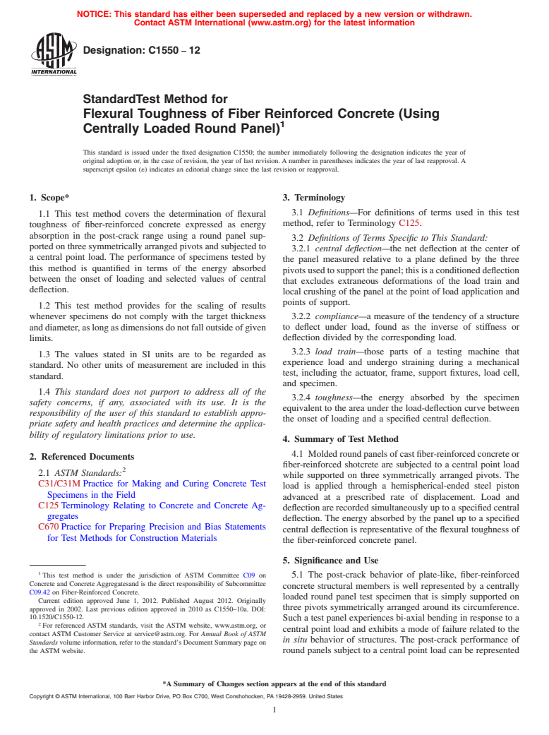 ASTM C1550-12 - Standard Test Method for Flexural Toughness of Fiber Reinforced Concrete (Using Centrally Loaded Round Panel)