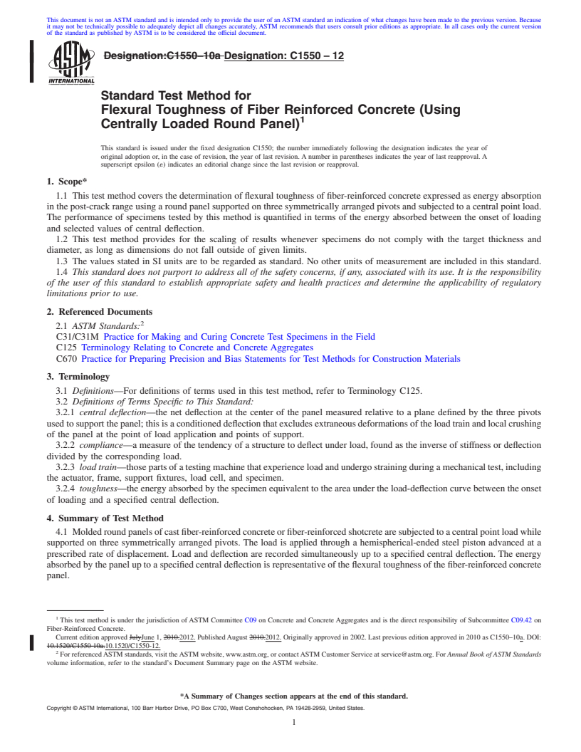 REDLINE ASTM C1550-12 - Standard Test Method for Flexural Toughness of Fiber Reinforced Concrete (Using Centrally Loaded Round Panel)