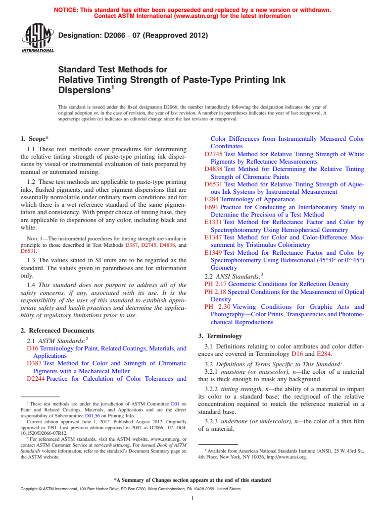 ASTM D2066-07(2012) - Standard Test Methods for  Relative Tinting Strength of Paste-Type Printing Ink Dispersions