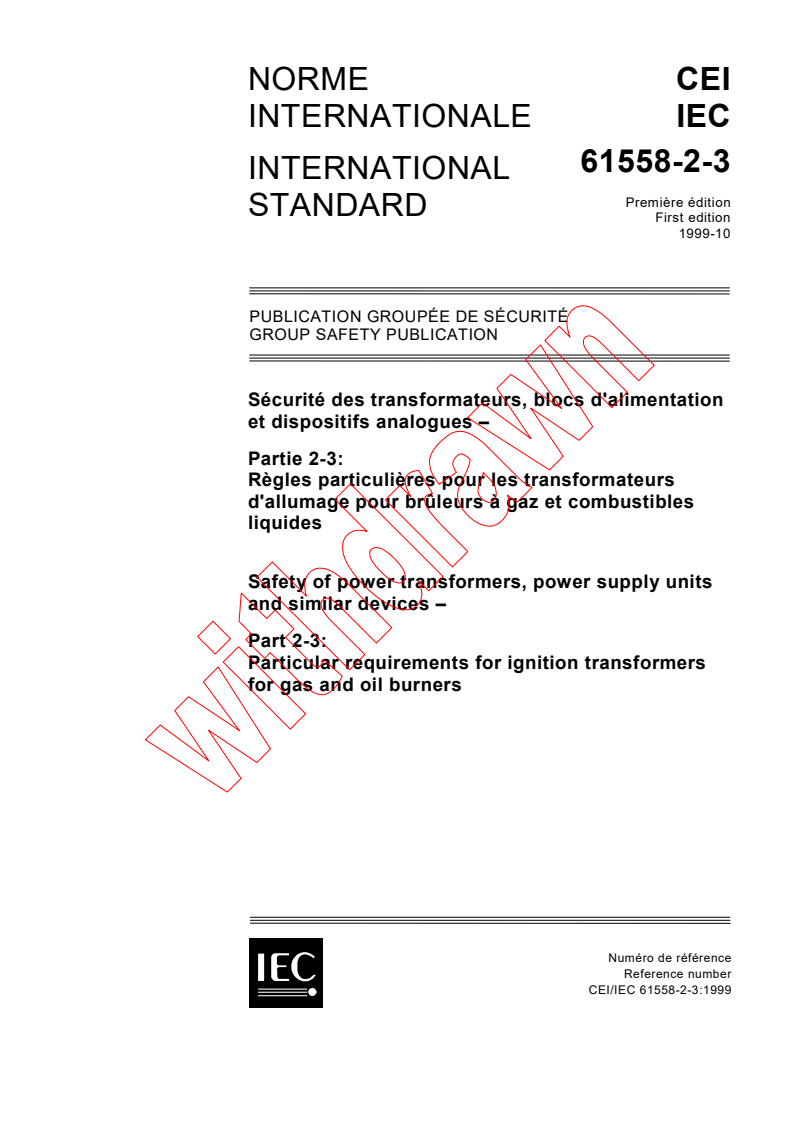 IEC 61558-2-3:1999 - Safety of power transformers, power supply units and similar devices - Part 2-3: Particular requirements for ignition transformers for gas and oil burners
Released:10/29/1999
Isbn:2831849829