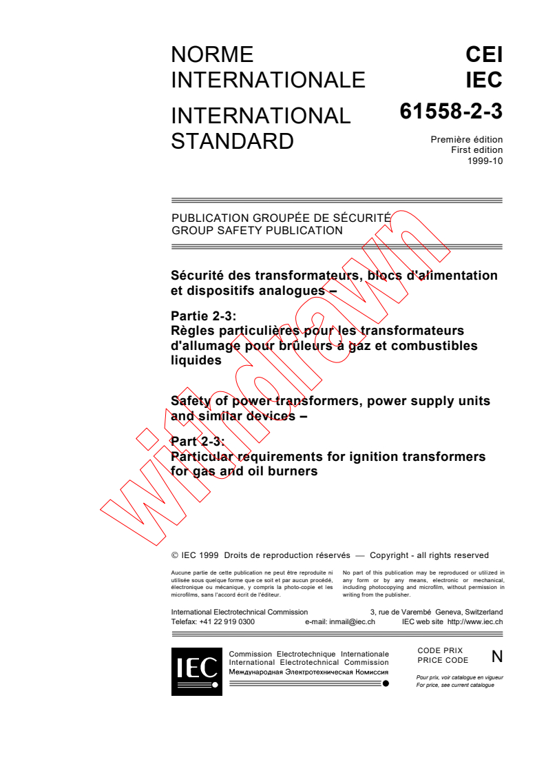 IEC 61558-2-3:1999 - Safety of power transformers, power supply units and similar devices - Part 2-3: Particular requirements for ignition transformers for gas and oil burners
Released:10/29/1999
Isbn:2831849829