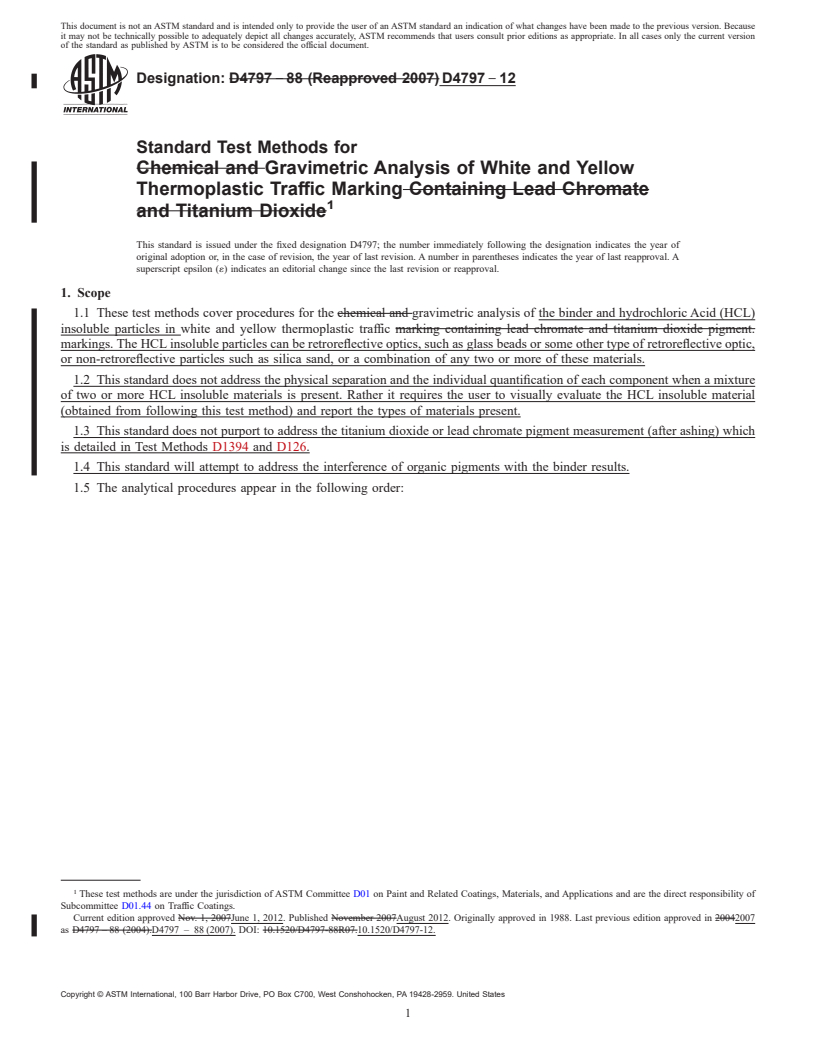 REDLINE ASTM D4797-12 - Standard Test Methods for  Gravimetric Analysis of White and Yellow Thermoplastic       Traffic Marking