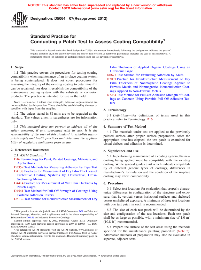 ASTM D5064-07(2012) - Standard Practice for  Conducting a Patch Test to Assess Coating Compatibility