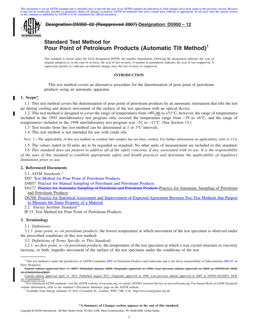 REDLINE ASTM D5950-12 - Standard Test Method for Pour Point of Petroleum Products (Automatic Tilt Method)