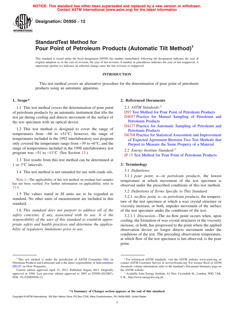 ASTM D5950-12 - Standard Test Method for Pour Point of Petroleum Products (Automatic Tilt Method)