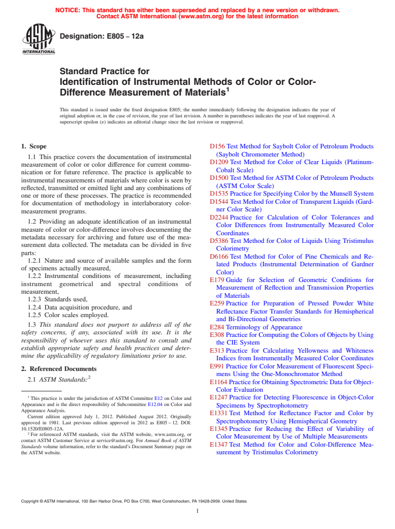 ASTM E805-12a - Standard Practice for  Identification of Instrumental Methods of Color or Color-Difference   Measurement of Materials