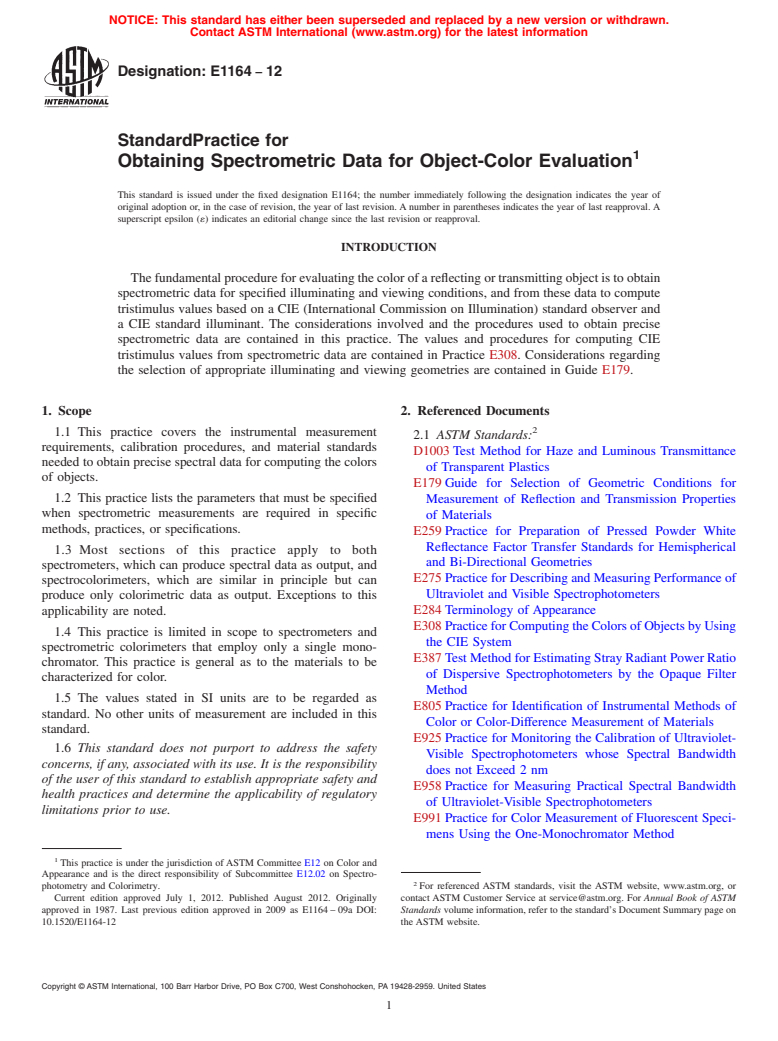 ASTM E1164-12 - Standard Practice for Obtaining Spectrometric Data for Object-Color Evaluation