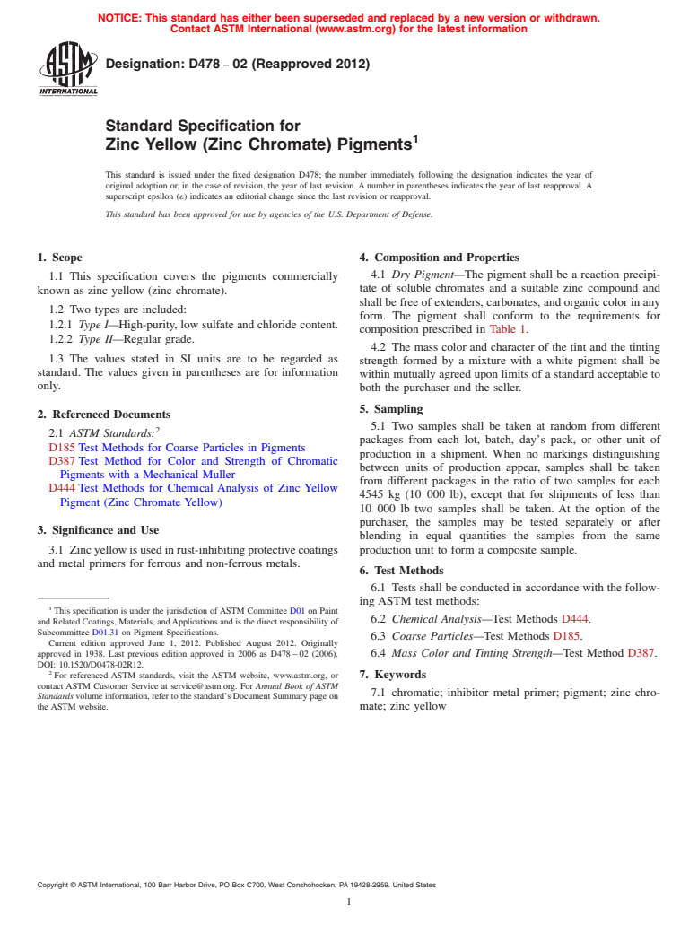ASTM D478-02(2012) - Standard Specification for Zinc Yellow (Zinc Chromate) Pigments