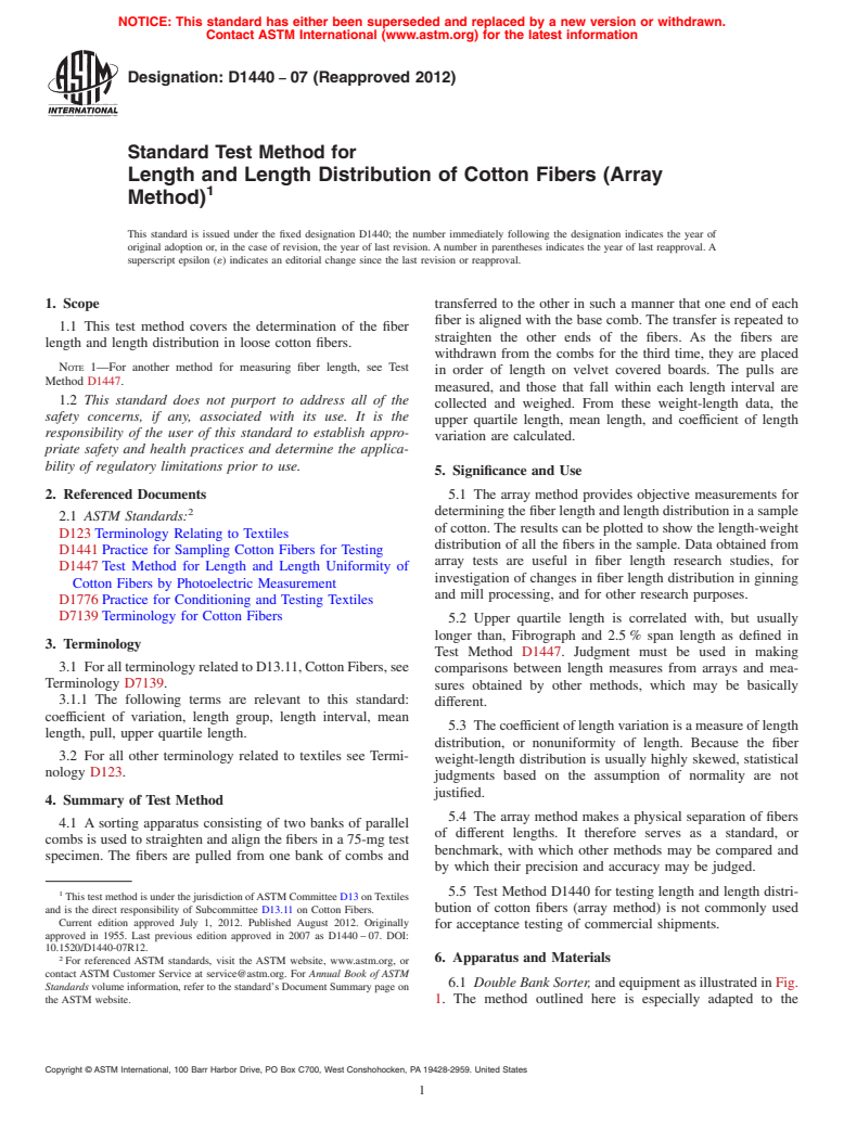 ASTM D1440-07(2012) - Standard Test Method for  Length and Length Distribution of Cotton Fibers (Array Method)