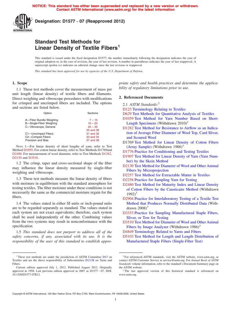 ASTM D1577-07(2012) - Standard Test Methods for  Linear Density of Textile Fibers