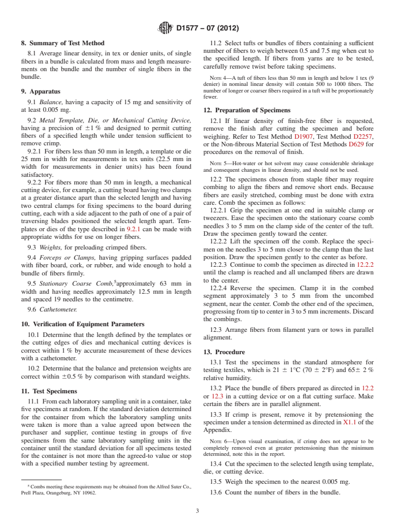 ASTM D1577-07(2012) - Standard Test Methods for  Linear Density of Textile Fibers