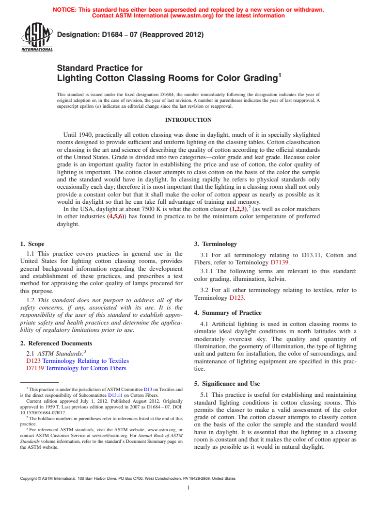 ASTM D1684-07(2012) - Standard Practice for  Lighting Cotton Classing Rooms for Color Grading