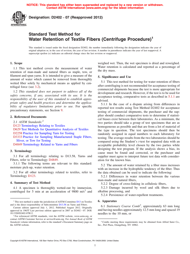 ASTM D2402-07(2012) - Standard Test Method for Water Retention of Textile Fibers (Centrifuge Procedure)