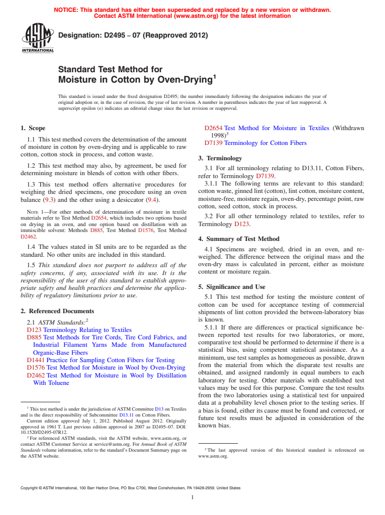 ASTM D2495-07(2012) - Standard Test Method for Moisture in Cotton by Oven-Drying