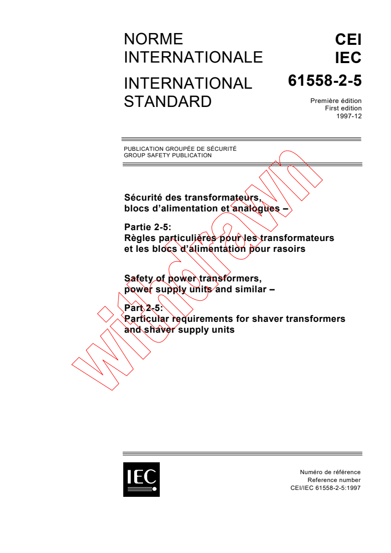 IEC 61558-2-5:1997 - Safety of power transformers, power supply units and similar - Part 2-5: Particular requirements for shaver transformers and shaver supply units
Released:12/11/1997
Isbn:2831841801