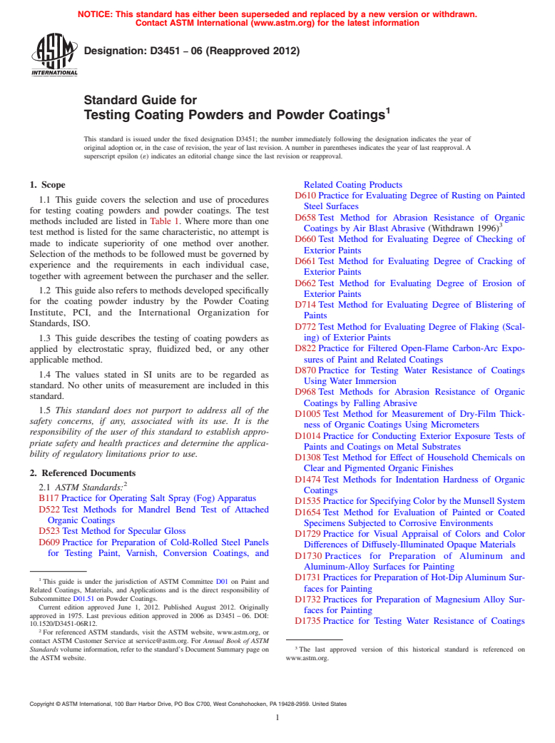 ASTM D3451-06(2012) - Standard Guide for  Testing Coating Powders and Powder Coatings