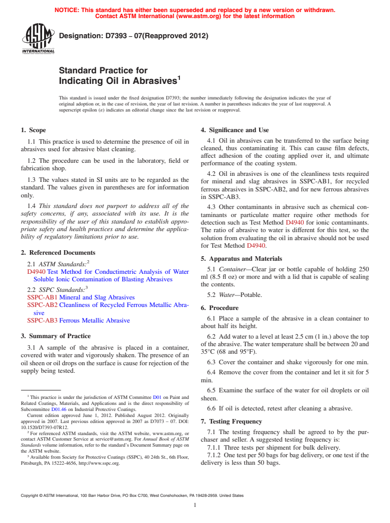 ASTM D7393-07(2012) - Standard Practice for  Indicating Oil in Abrasives