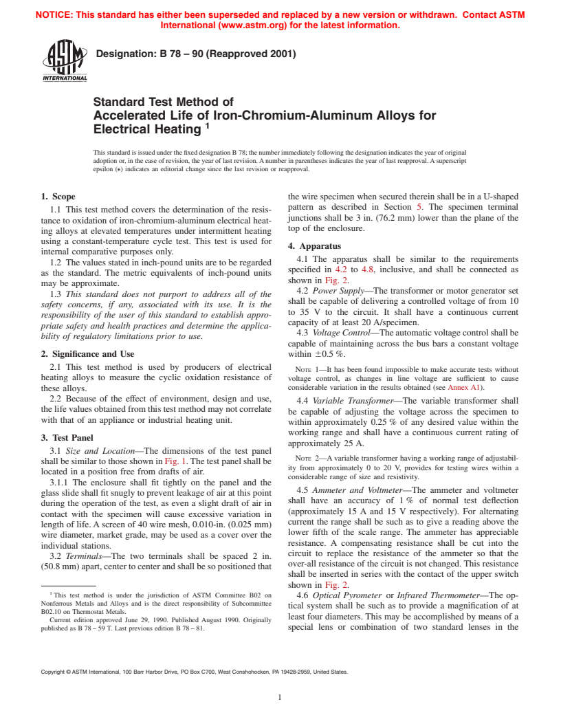 ASTM B78-90(2001) - Standard Test Method of Accelerated Life of Iron-Chromium-Aluminum Alloys for Electrical Heating