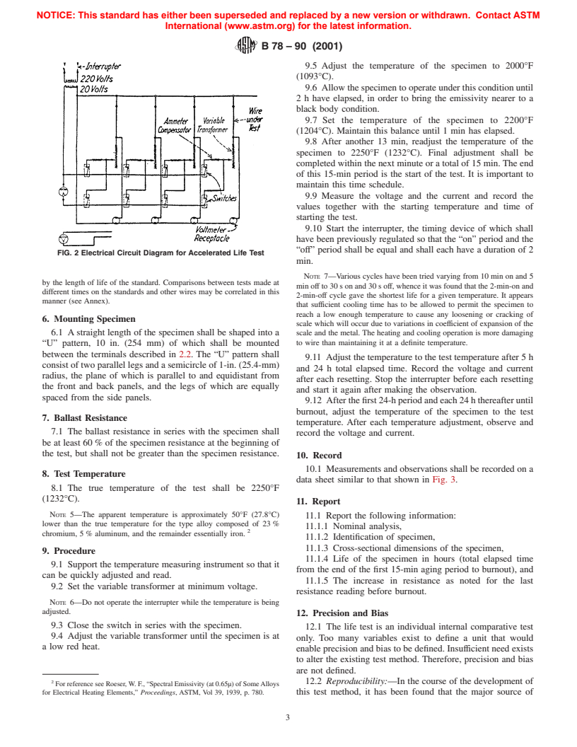 ASTM B78-90(2001) - Standard Test Method of Accelerated Life of Iron-Chromium-Aluminum Alloys for Electrical Heating