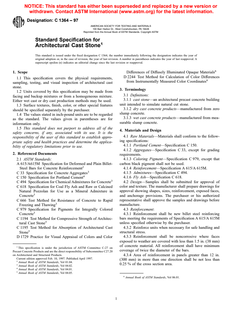 ASTM C1364-97 - Standard Specification for Architectural Cast Stone