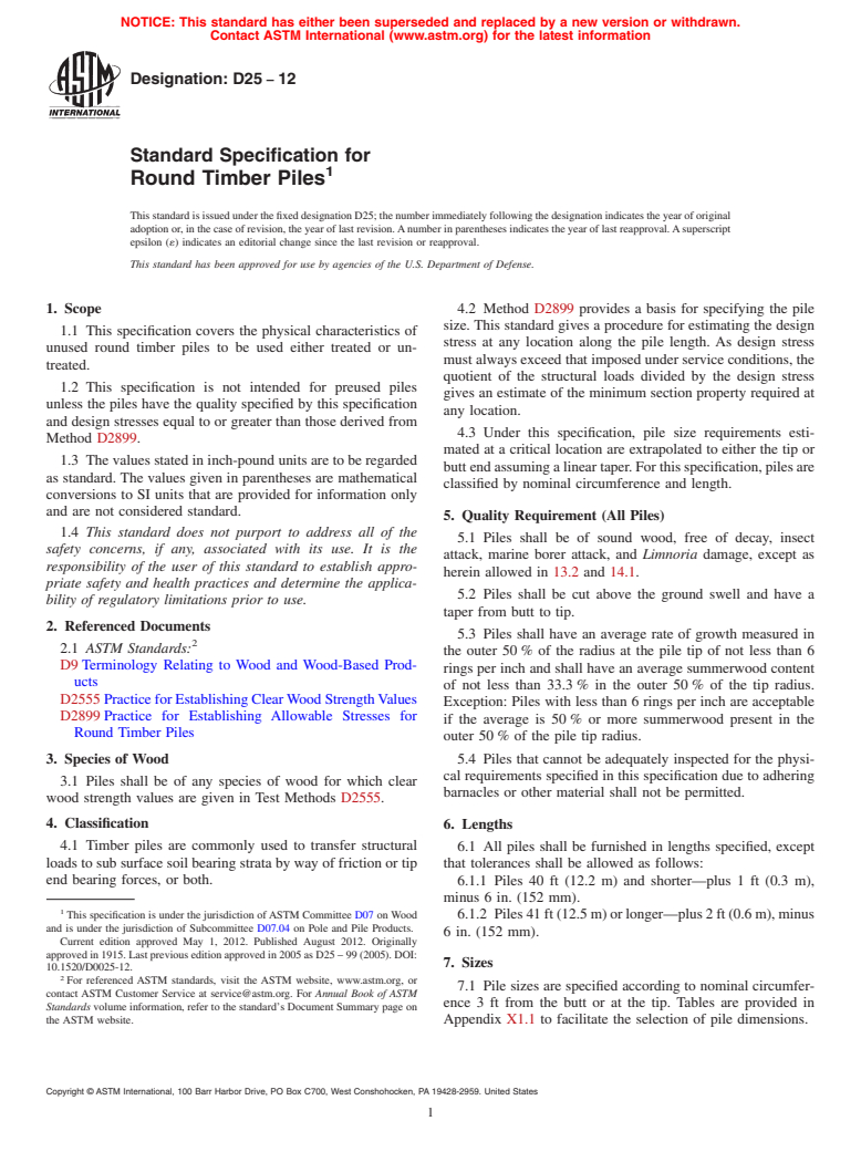 ASTM D25-12 - Standard Specification for  Round Timber Piles