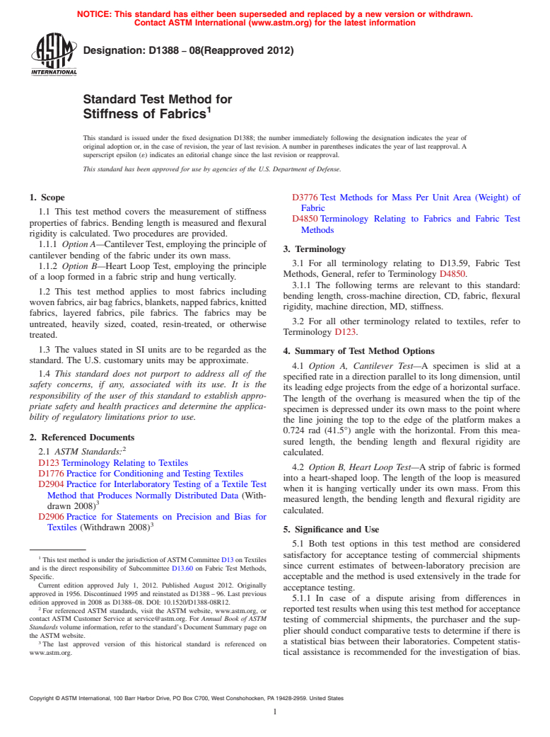 ASTM D1388-08(2012) - Standard Test Method for  Stiffness of Fabrics