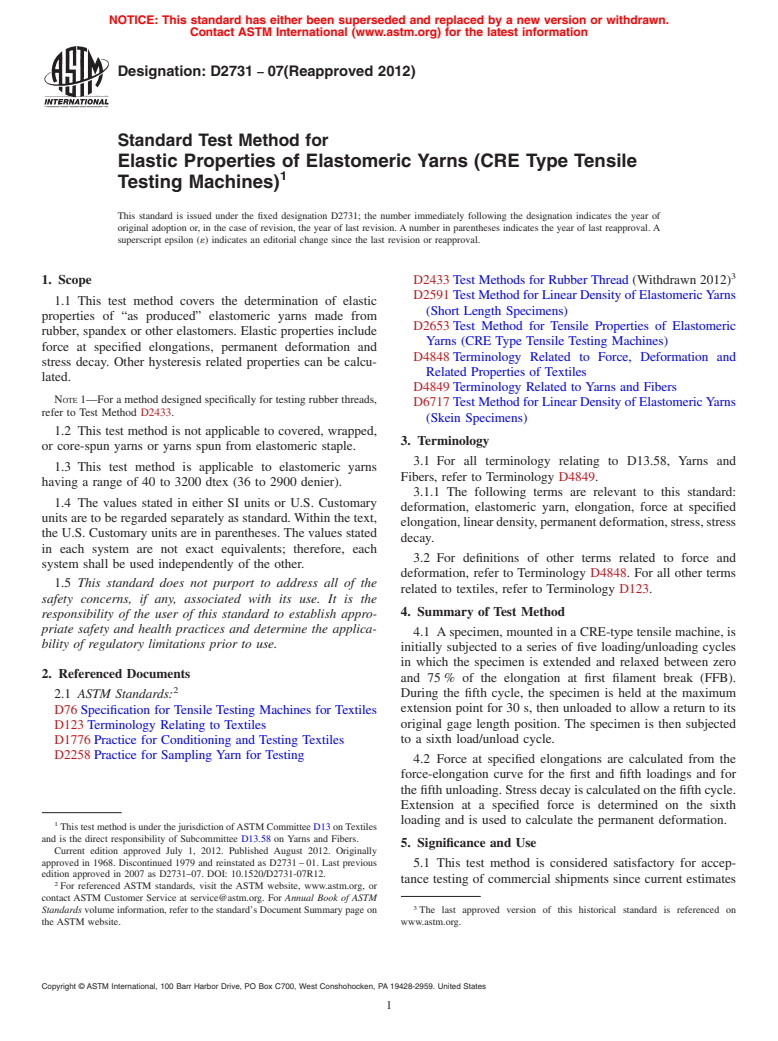 ASTM D2731-07(2012) - Standard Test Method for Elastic Properties of Elastomeric Yarns (CRE Type Tensile Testing Machines)