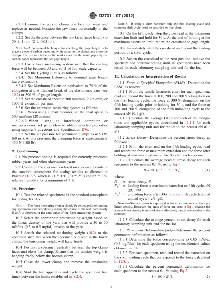 ASTM D2731-07(2012) - Standard Test Method for Elastic Properties of Elastomeric Yarns (CRE Type Tensile Testing Machines)