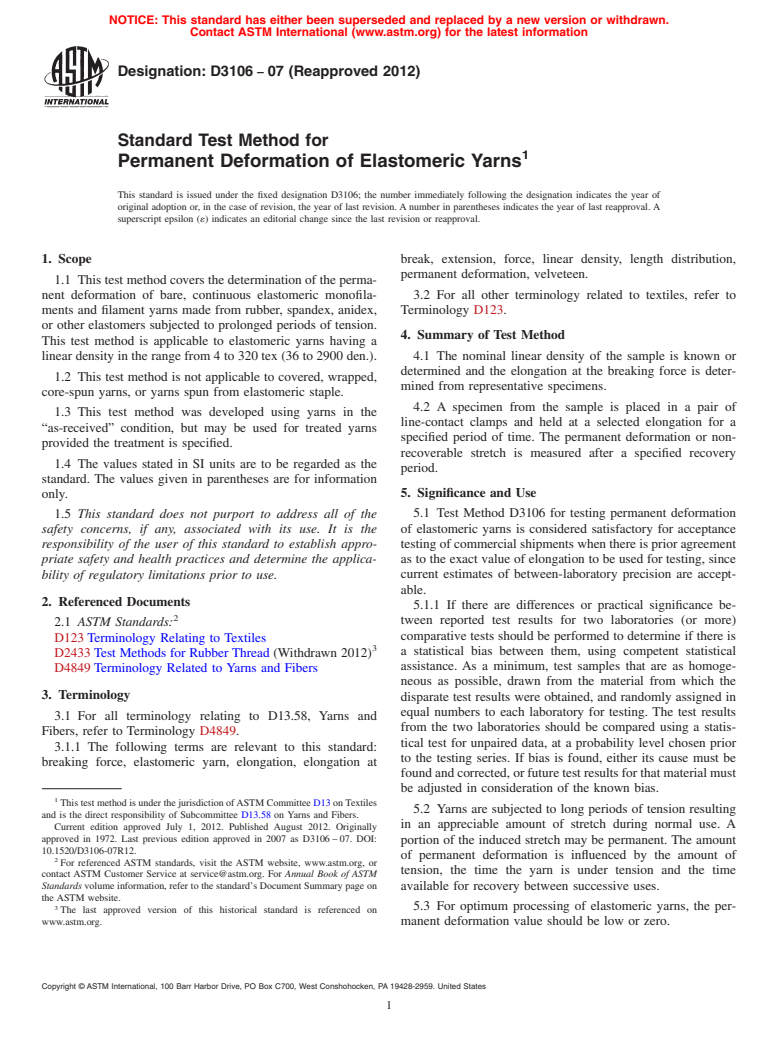 ASTM D3106-07(2012) - Standard Test Method for  Permanent Deformation of Elastomeric Yarns