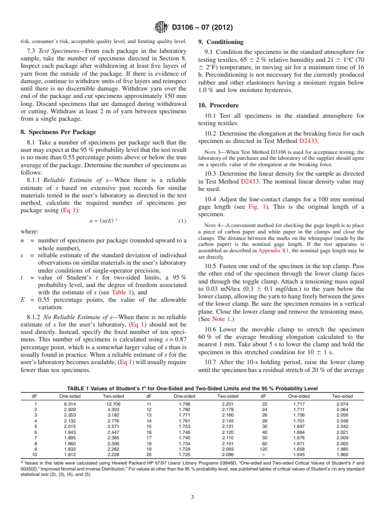 ASTM D3106-07(2012) - Standard Test Method for  Permanent Deformation of Elastomeric Yarns