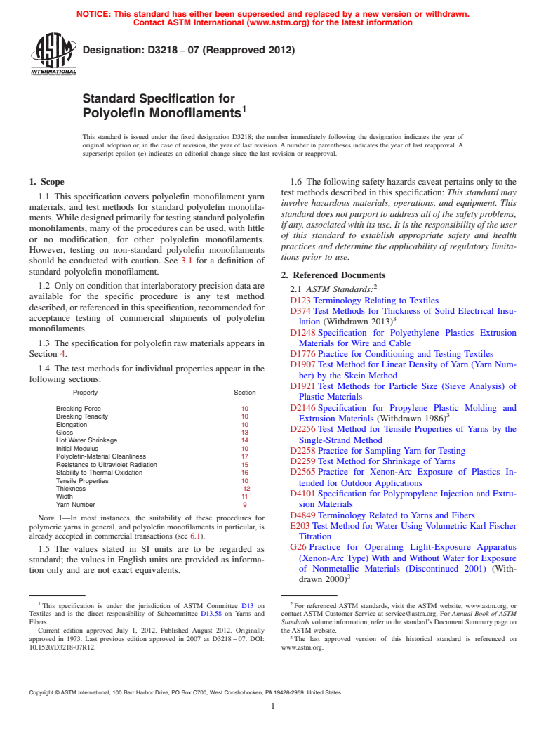 ASTM D3218-07(2012) - Standard Specification for Polyolefin Monofilaments