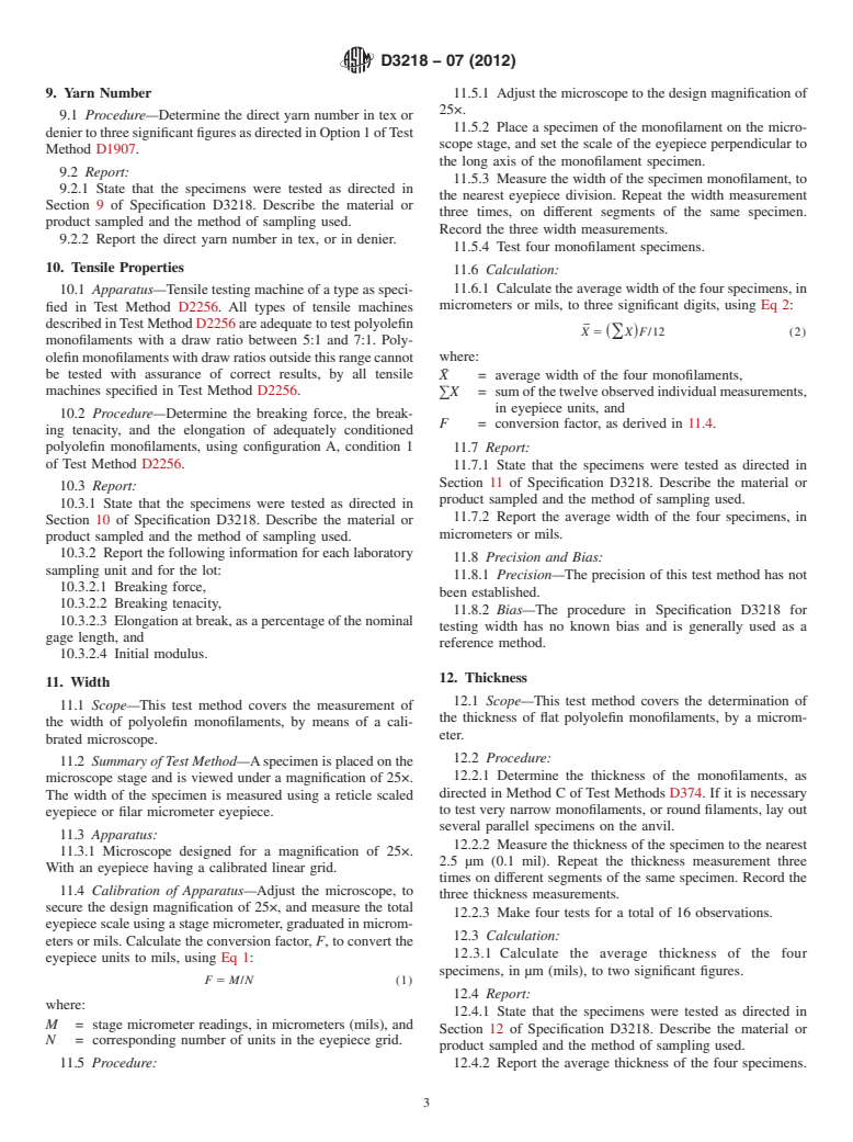 ASTM D3218-07(2012) - Standard Specification for Polyolefin Monofilaments