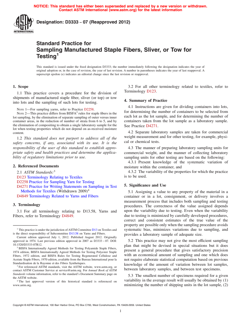 ASTM D3333-07(2012) - Standard Practice for Sampling Manufactured Staple Fibers, Sliver, or Tow for Testing