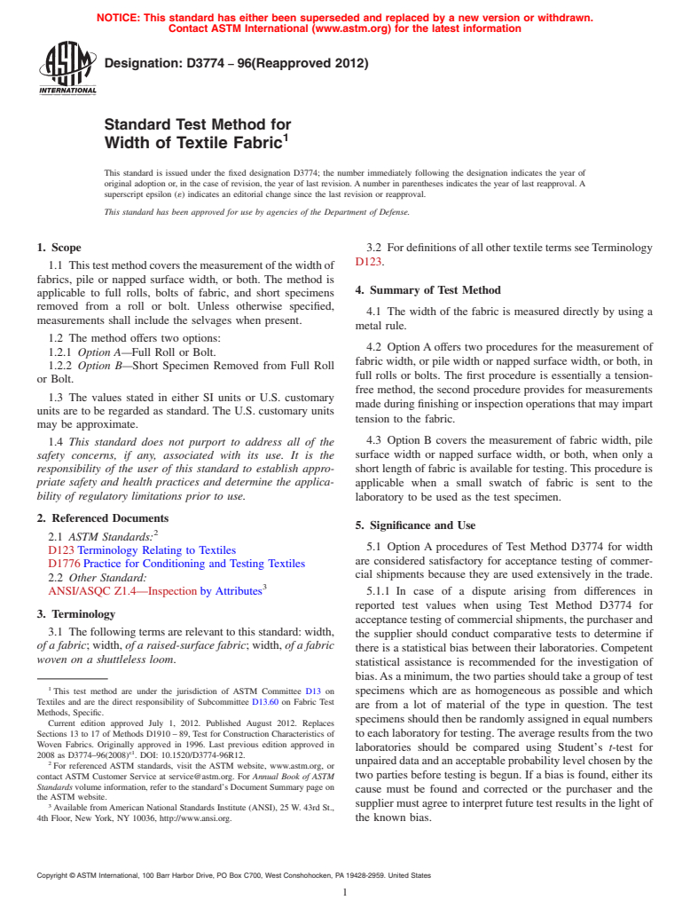 ASTM D3774-96(2012) - Standard Test Method for  Width of Textile Fabric