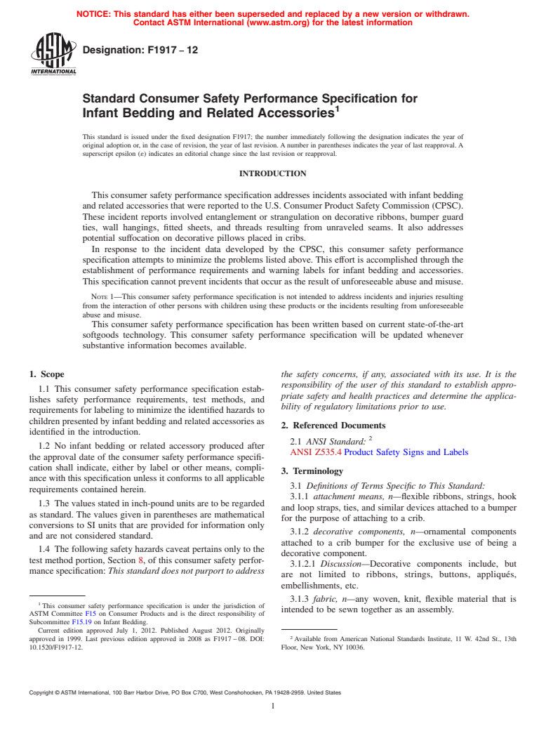 ASTM F1917-12 - Standard Consumer Safety Performance Specification for Infant Bedding and Related Accessories