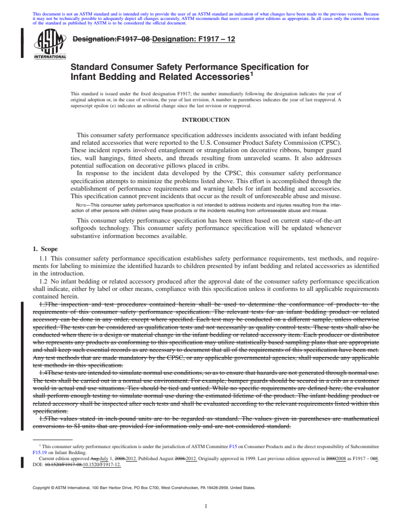 REDLINE ASTM F1917-12 - Standard Consumer Safety Performance Specification for Infant Bedding and Related Accessories