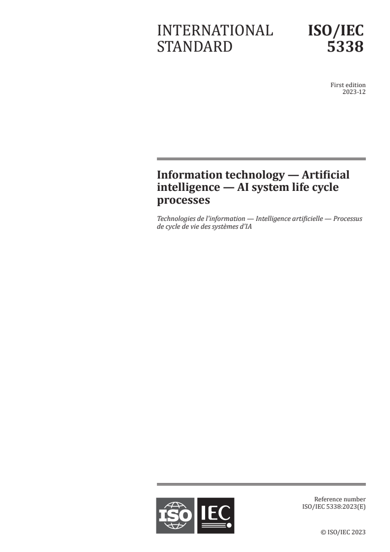 ISO/IEC 5338:2023 - Information technology — Artificial intelligence — AI system life cycle processes
Released:20. 12. 2023