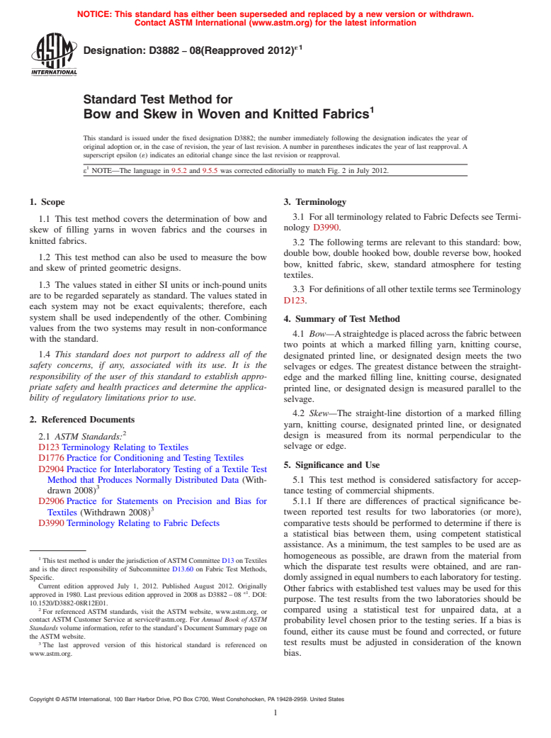 ASTM D3882-08(2012)e1 - Standard Test Method for Bow and Skew in Woven and Knitted Fabrics