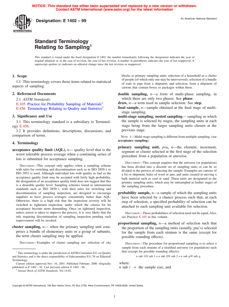 ASTM E1402-99 - Standard Terminology Relating to Sampling