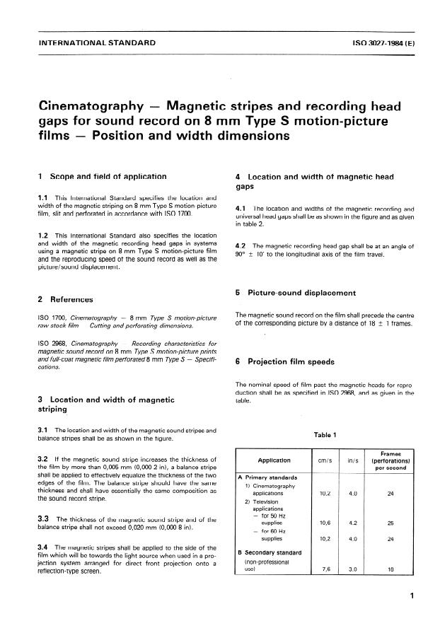 ISO 3027:1984 - Cinematography -- Magnetic stripes and recording head gaps for sound record on 8 mm Type S motion-picture films -- Position and width dimensions