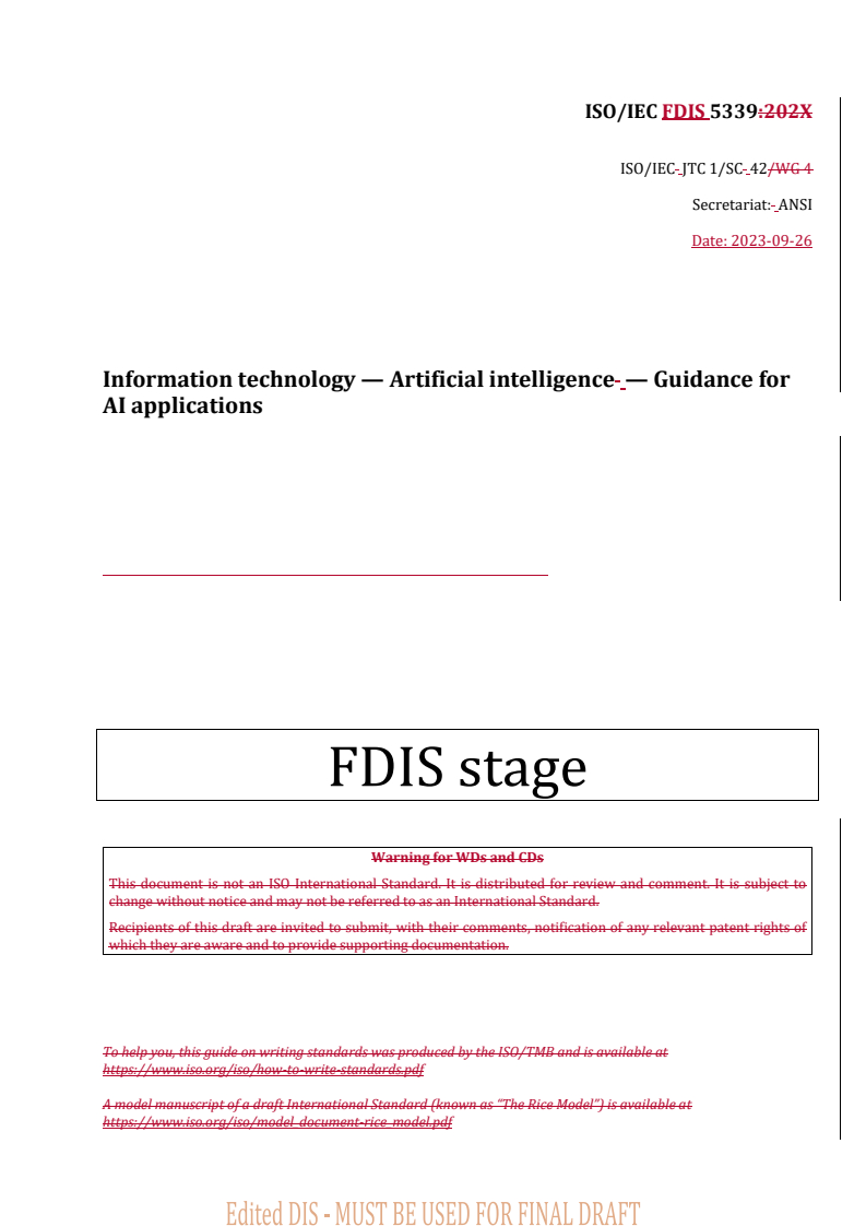 REDLINE ISO/IEC FDIS 5339 - Information technology — Artificial intelligence — Guidance for AI applications
Released:26. 09. 2023