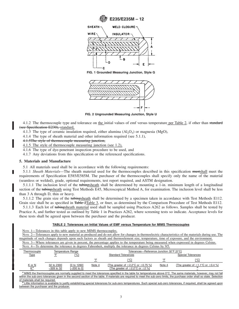 REDLINE ASTM E235/E235M-12 - Standard Specification for Type K and Type N Mineral-Insulated, Metal-Sheathed Thermocouples for Nuclear or for Other High-Reliability Applications