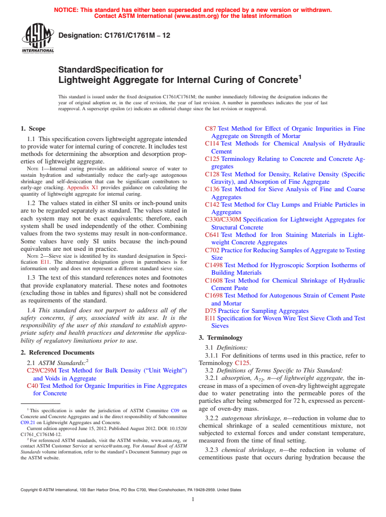 ASTM C1761/C1761M-12 - Standard Specification for Lightweight Aggregate for Internal Curing of Concrete